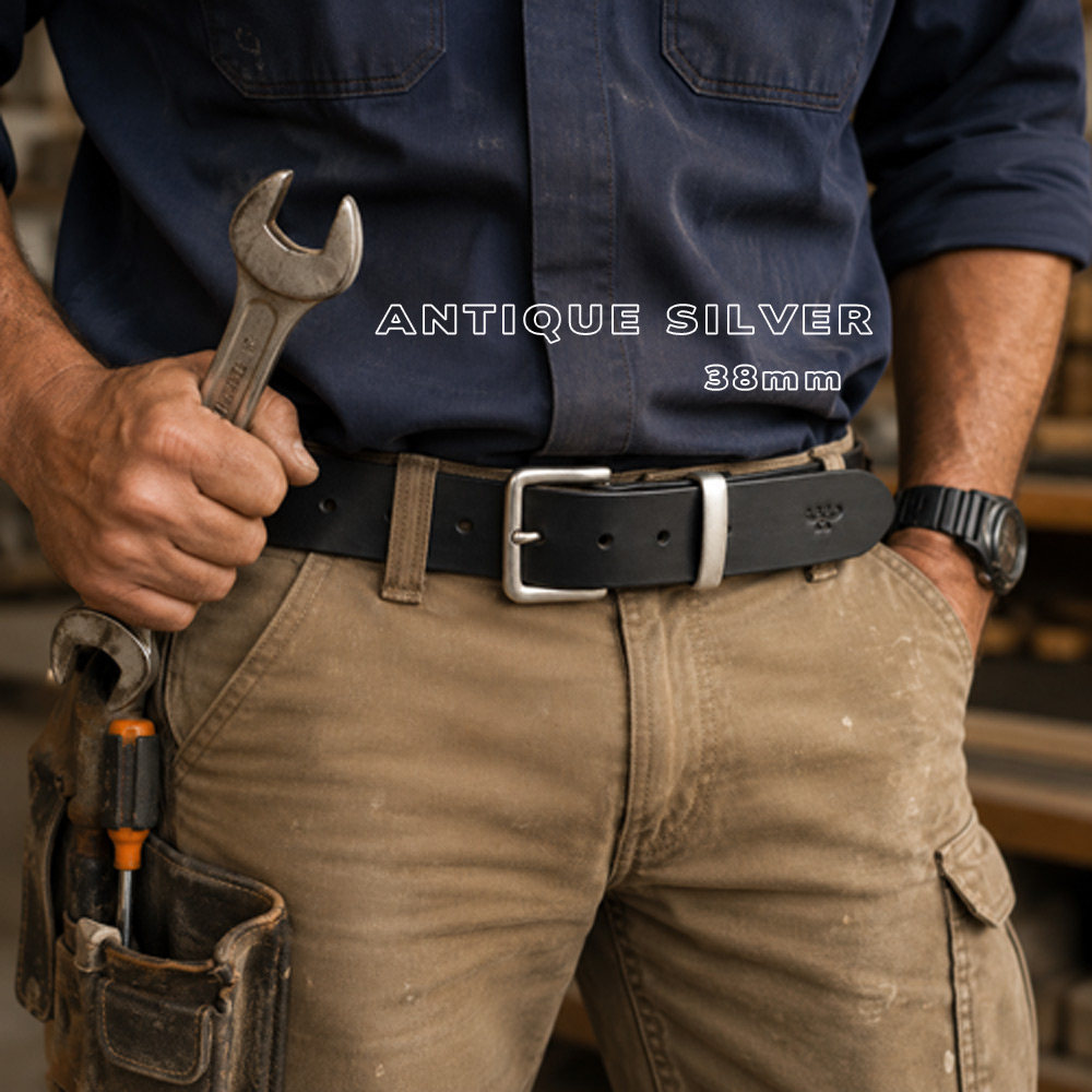 Australian handmade full-grain black leather work belt with antique silver buckle, 38mm wide, worn with workwear.