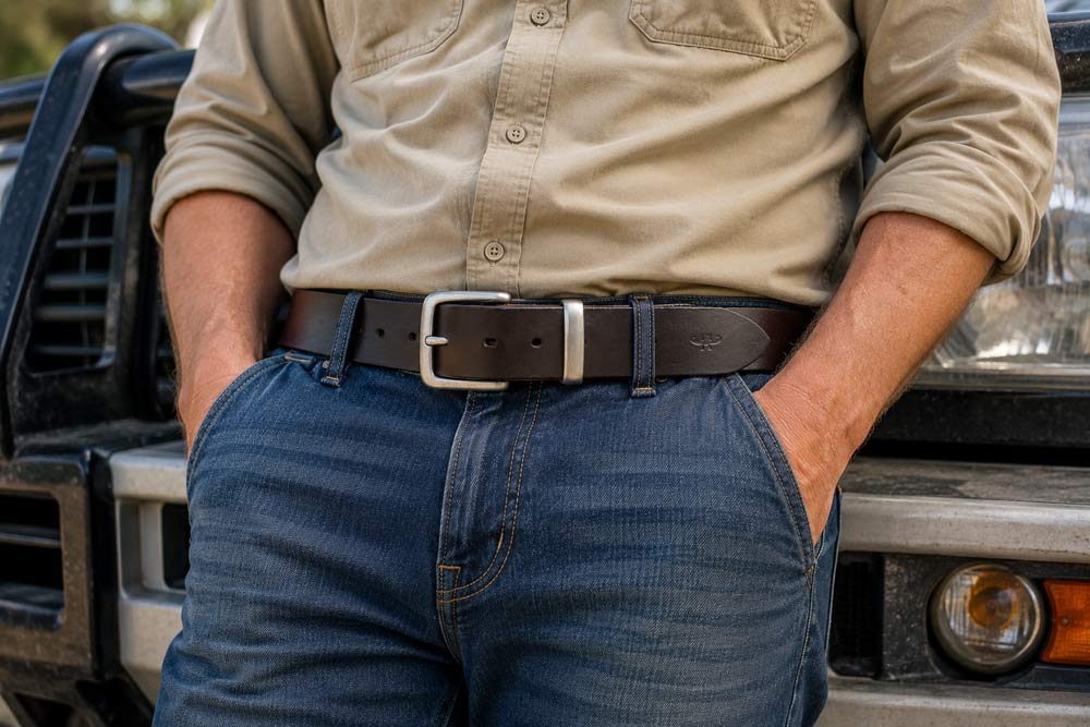 HERO-SHOT-OF-PERSON-LEANING-ON-THE-FRONT-OF-A-4-X-4-WEARING-A-DARK-BROWN-LEATHER-BELT-WITH-ANTIQUE-SILVER-BUCKLE_V1 IMAGE OF A MAN LEANING ON THE FRONT OF A 4X4 WARING A DARK BROWN LEATHER BELT WITH AN ANTIQUE SILVER BUCKLE