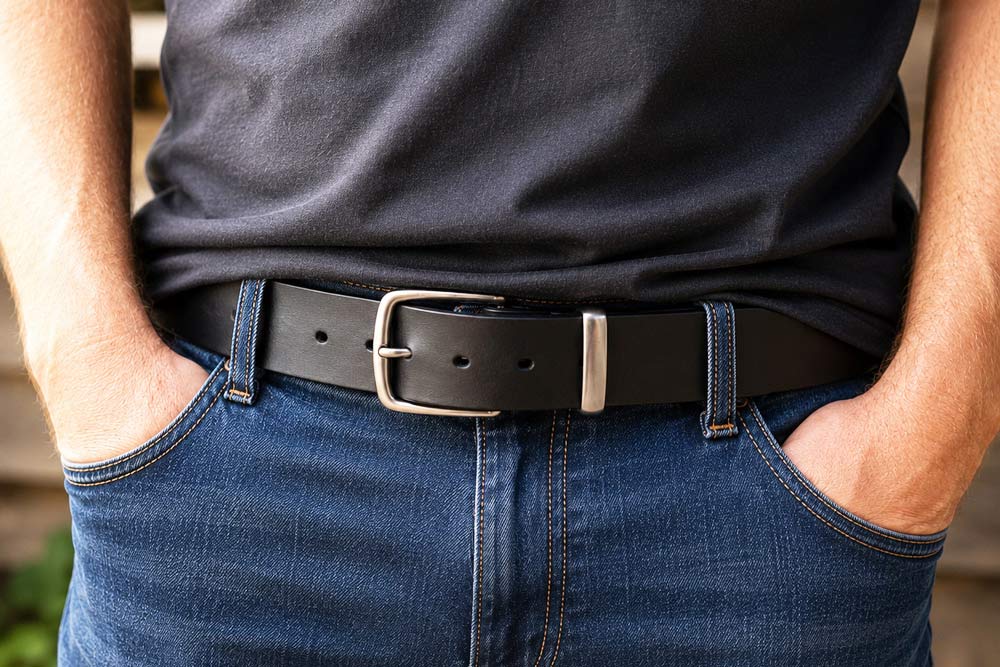 MAN-IN-JEANS-WITH-BLACK-BELT_1 man with black full grain leather belt and silver brass buckle