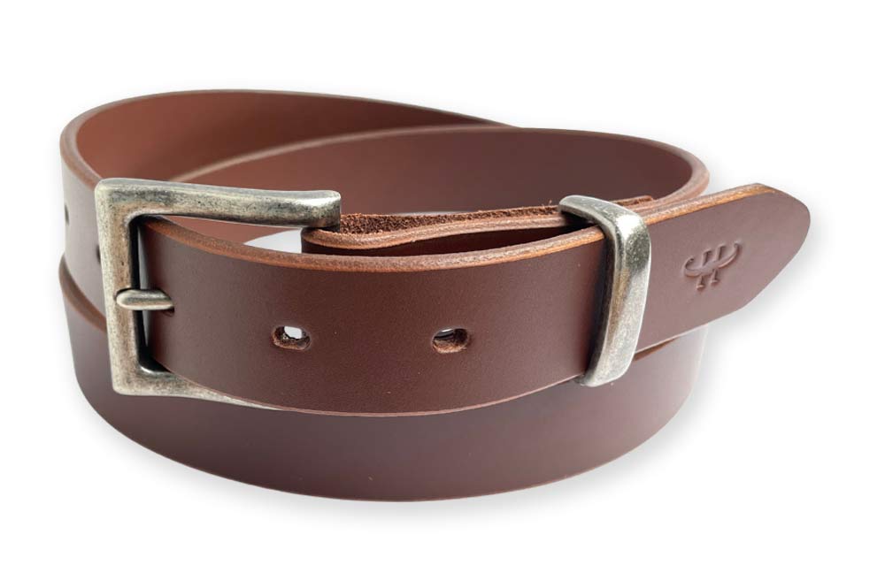 32mm full grain leather belt in dark tan with antique silver buckle