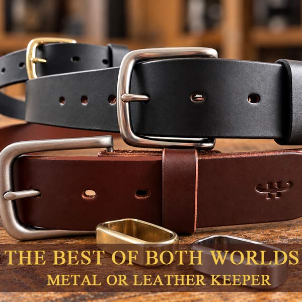 Leather-Belts-on-a-Rustic-Workbench-2 FULL GRAIN LEATHER BELTS SITTING ON A TABLE WITH TEXT.