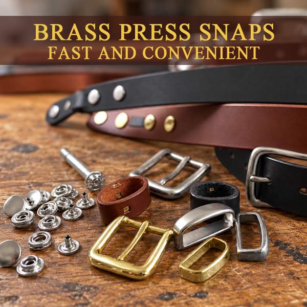 Leathercraft-Hardware-on-a-Rustic-Workbench-2 keepers and brass press snaps